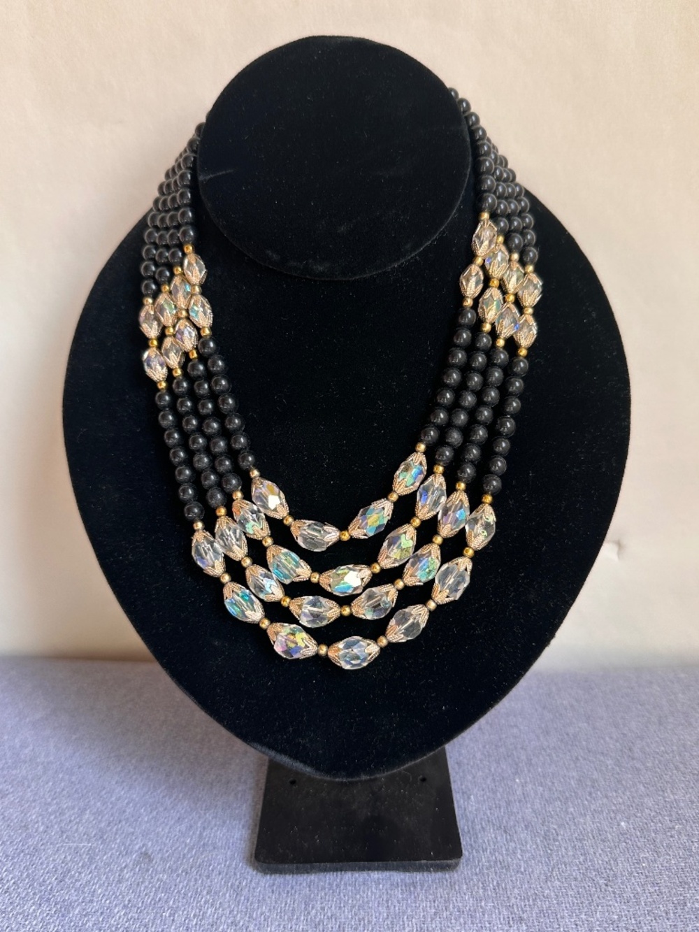 Vintage 4-Strand Beaded Statement Necklace Black Gold Rhinestones Elegant